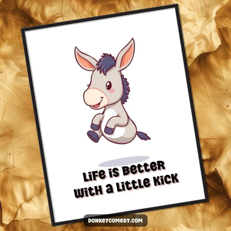 Funny Free Printable Wall Art: A cute donkey with floppy ears joyfully kicking its legs, bringing a unique vibe.