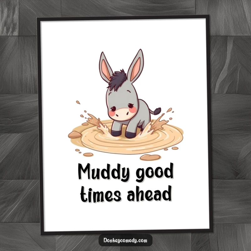 Free Printable Wall Art: A donkey gleefully splashes water and mud, creating a delightful mess in a puddle.