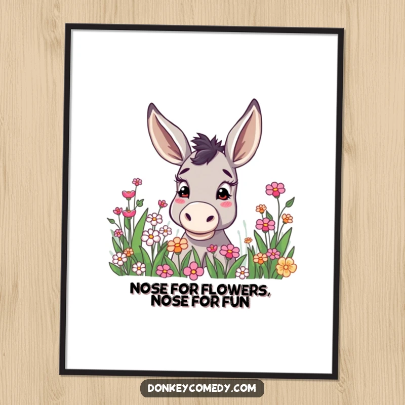 Funny Free Printable Wall Art: A donkey with ears held high, curiously peering into a flower patch, a delightful downloadable artwork.