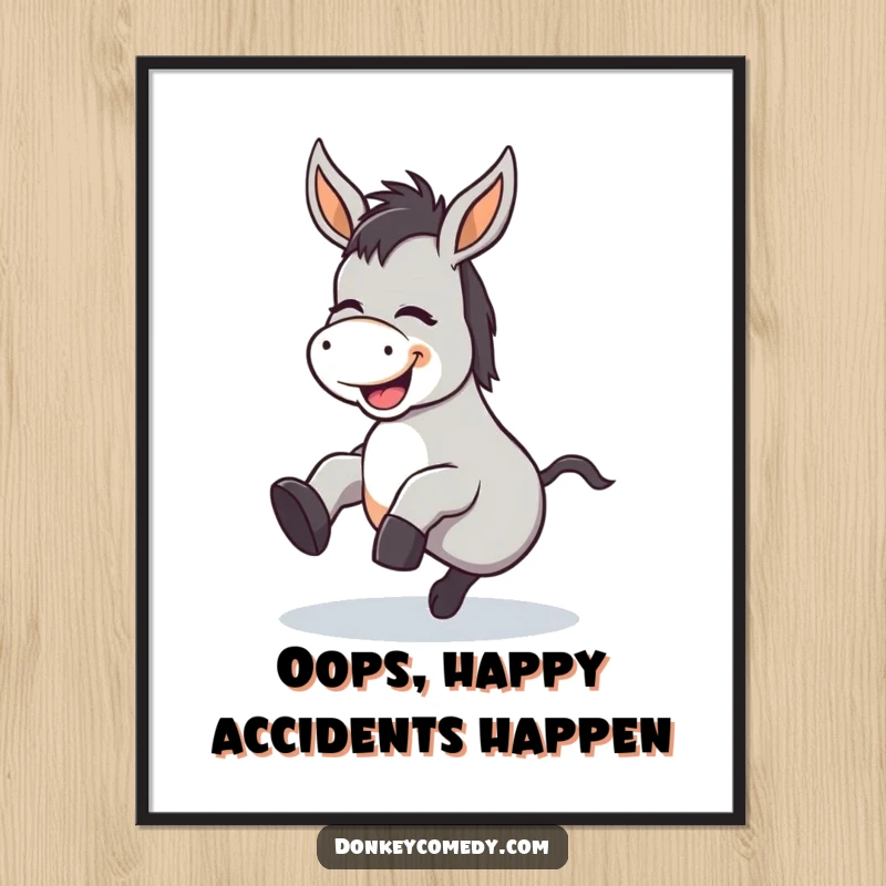 Funny free printable donkey wall art of a kawaii donkey hilariously tripping over its feet while giggling uncontrollably.