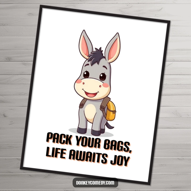 Funny Free Printable Wall Art: A kawaii donkey with a wide smile and a small backpack, radiating pure joy.