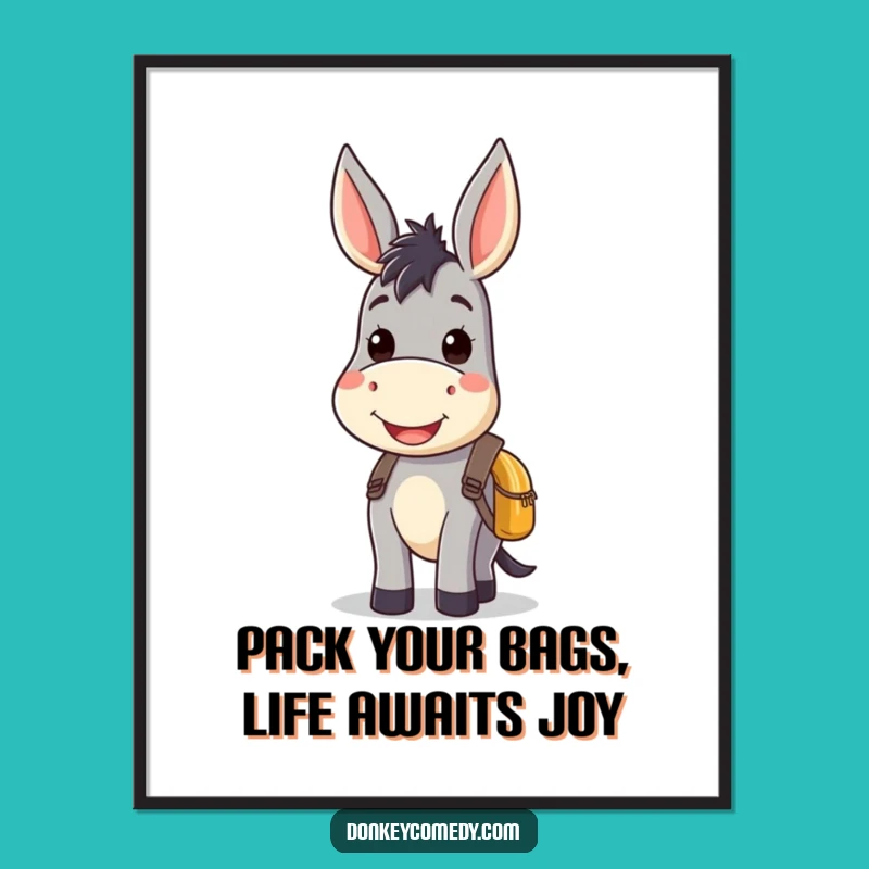 Free Printable Wall Art: Kawaii Donkey with Backpack, Cute Decor Download