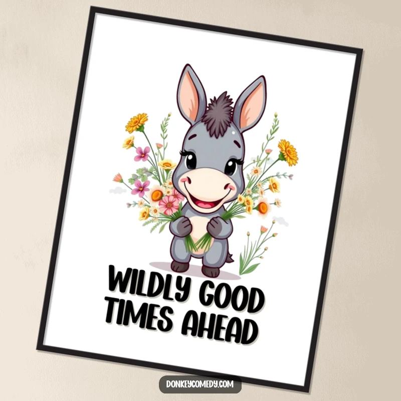 Funny Free Printable Wall Art: A donkey with a wide grin holding a beautiful bouquet of wildflowers, adding joy.