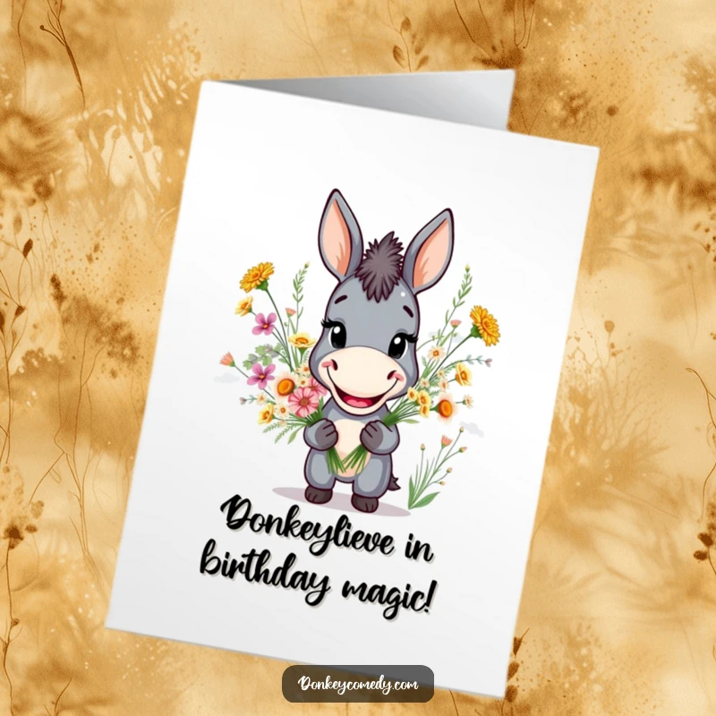 Funny Free Printable Birthday Card featuring a grinning donkey holding a wild flower bouquet, ready to deliver birthday cheer.