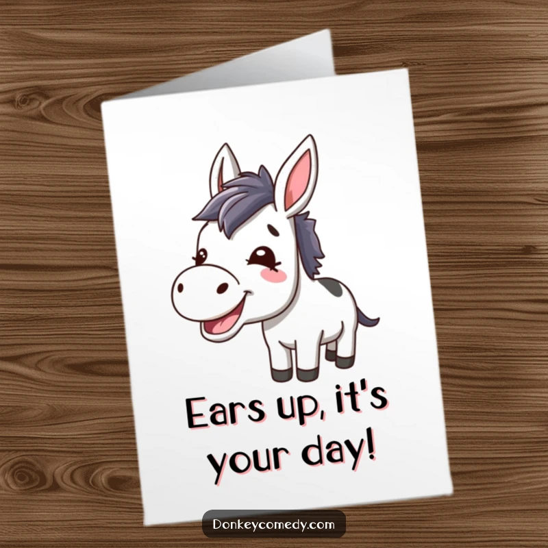 Funny free printable donkey birthday card featuring a kawaii donkey with a happy bray and perked ears, ready to celebrate.