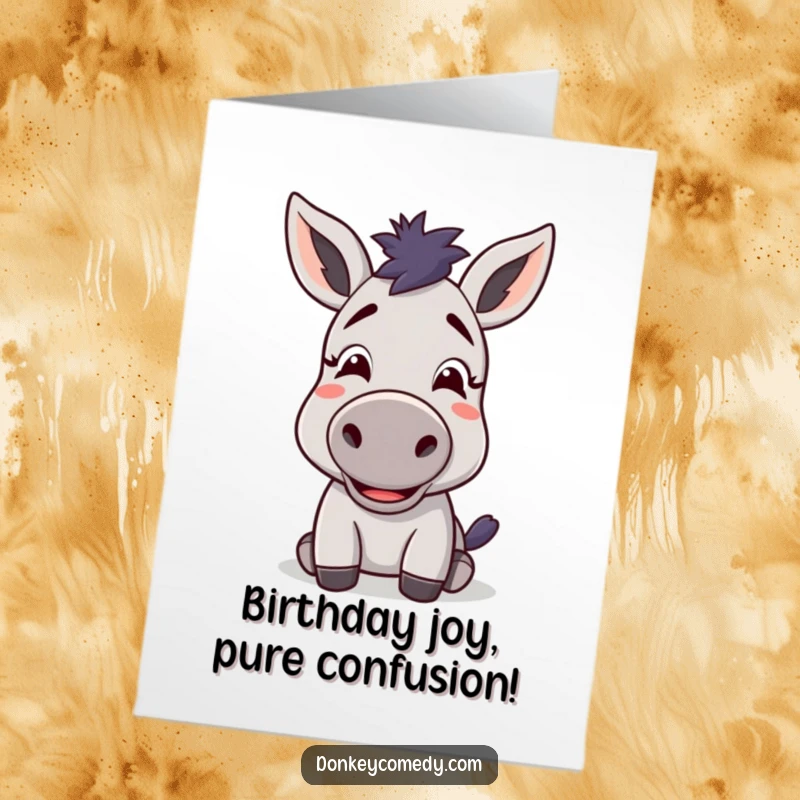 Funny free printable birthday card: A kawaii donkey has a comically confused but happy expression, embracing the birthday surprise.