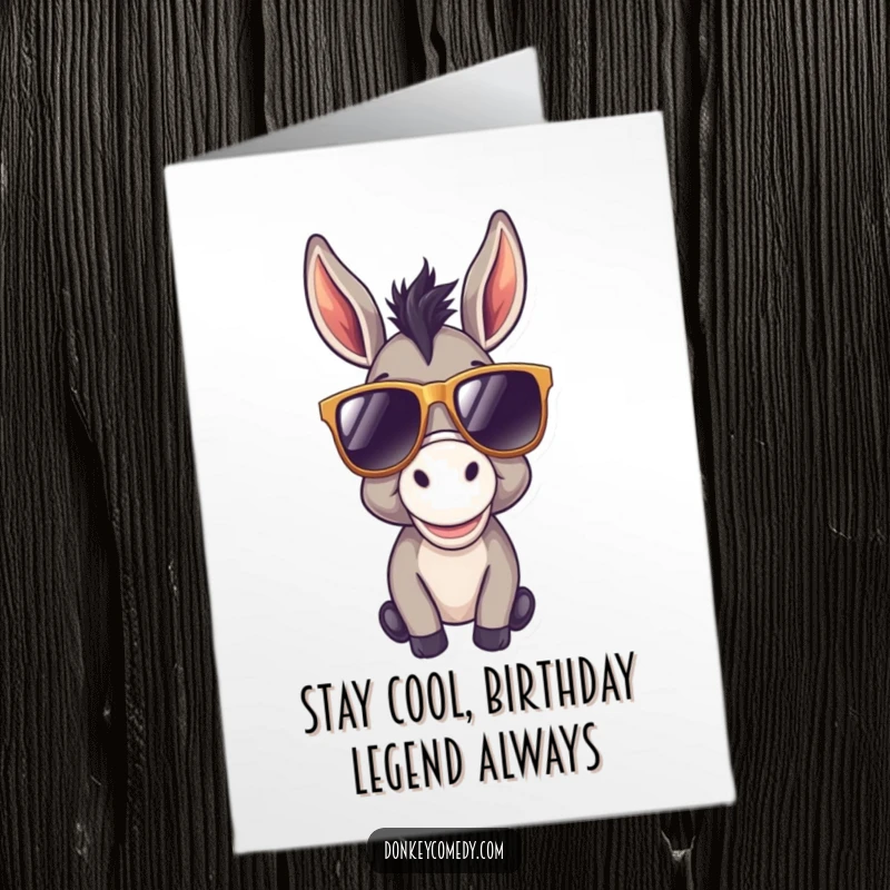 Funny Free Printable Birthday Card: A donkey looking incredibly cool and happy wearing oversized sunglasses.