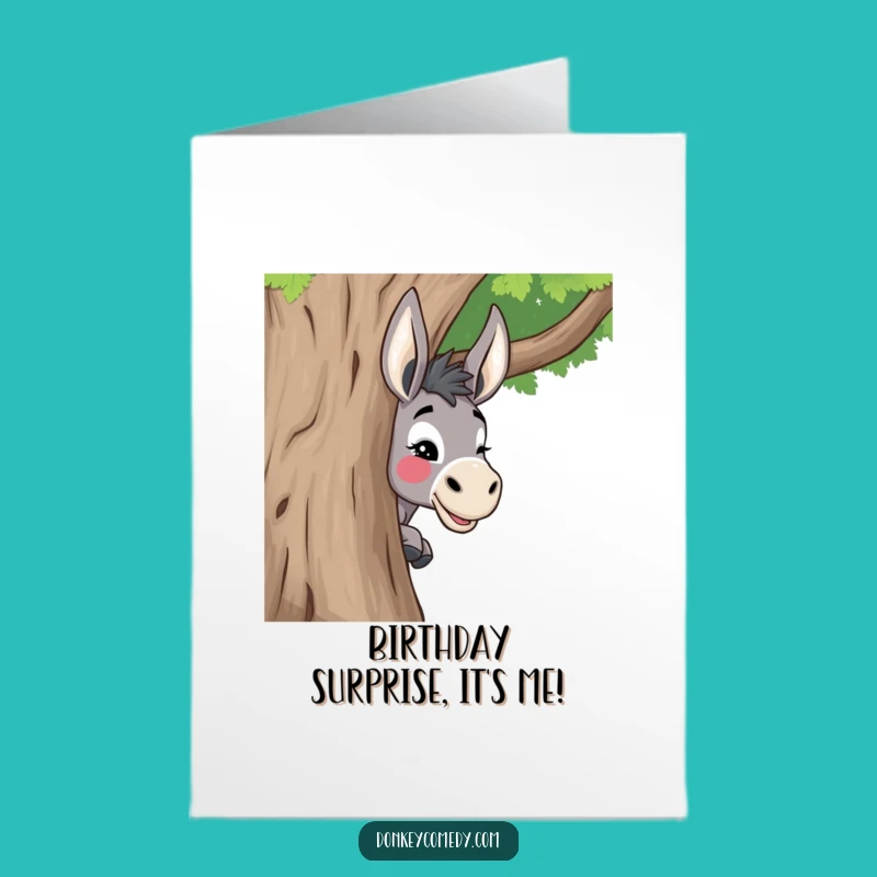 Free Printable Birthday Card: Donkey Peeking Around Tree, Playful Wink Greeting