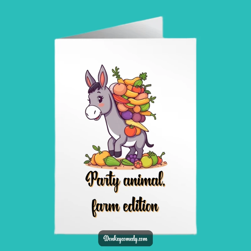 Free Printable Birthday Card: Donkey with Produce, Funny Downloadable Gift for a Bountiful Year