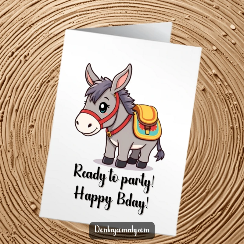 Funny Free Printable Birthday Card: Adorable kawaii donkey wearing a colorful saddle, looking excited and ready to go, downloadable greeting.