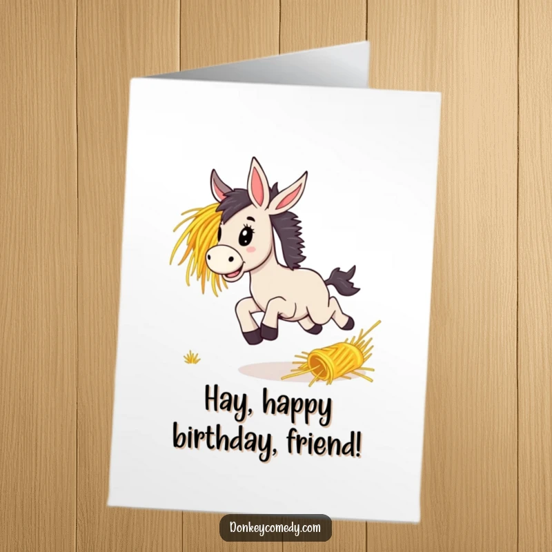 Funny Free Printable Birthday Card: A lively donkey bounding with delight after a rolling bunch of hay, celebrating joyfully.