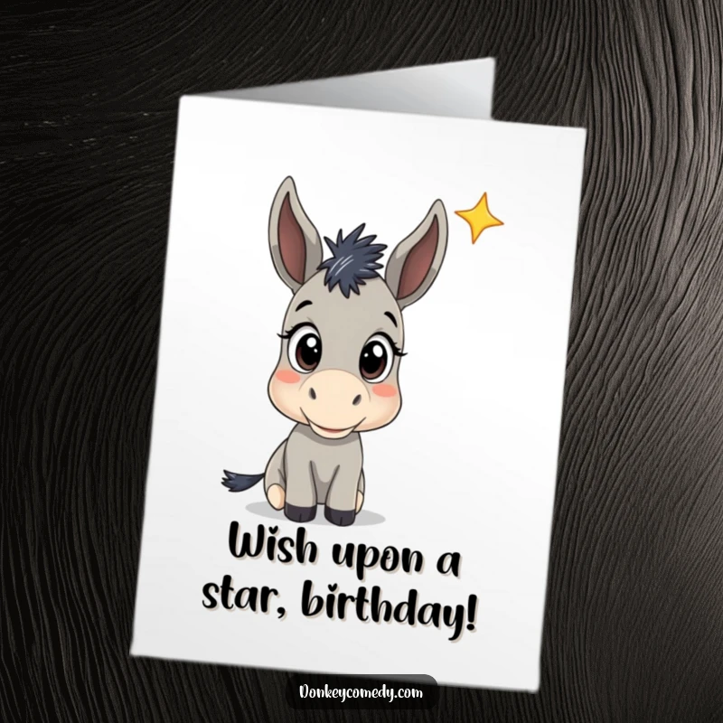 Funny Free Printable Birthday Card: A donkey with wide, curious eyes looking up at a distant, twinkling star.