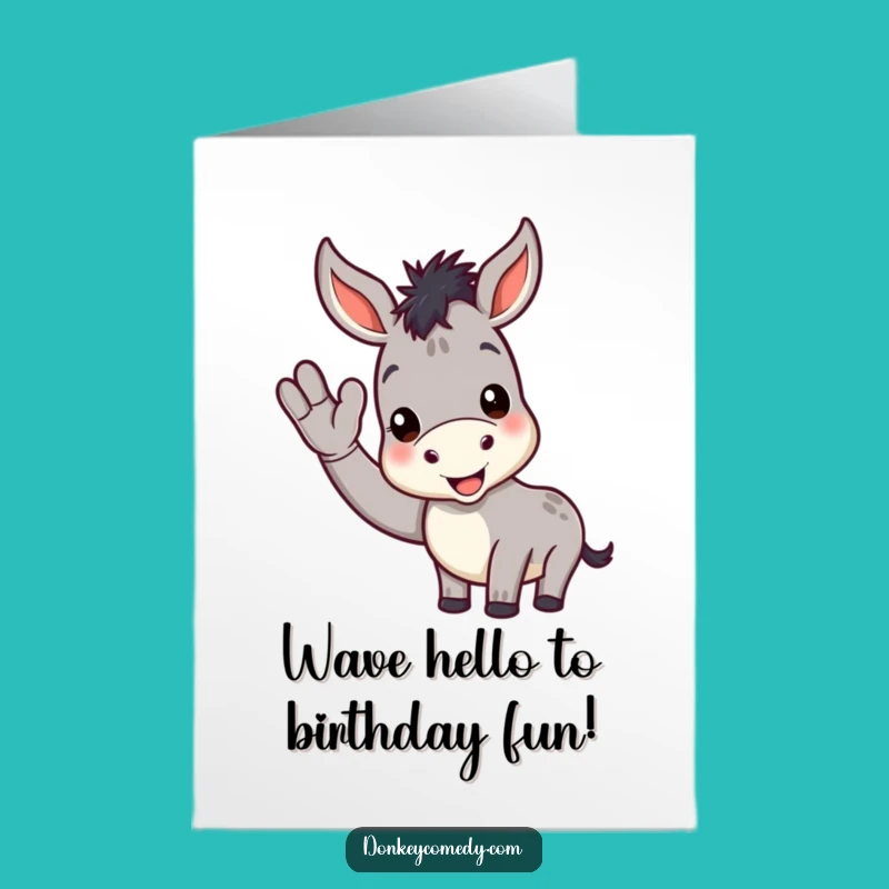 Free Printable Birthday Card: Waving Donkey - Cheerful Downloadable Gift for a Happy Celebration!