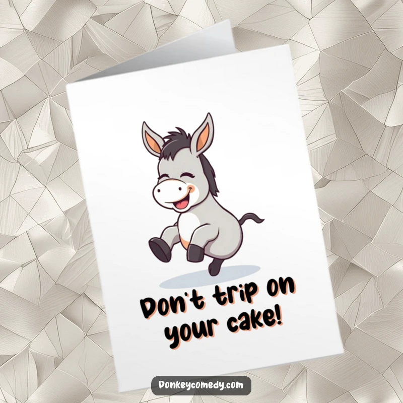 Funny free printable donkey birthday card with a kawaii donkey comically tripping over its own feet while giggling.