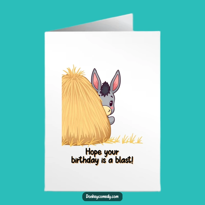 Free Printable Funny Donkey Birthday Card: Haystack Surprise Downloadable Greeting