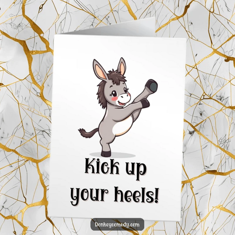 Funny free printable donkey birthday card with a kawaii donkey gleefully kicking its legs in the air.
