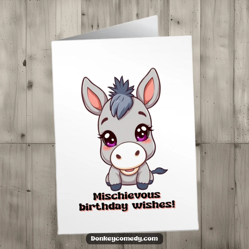 Funny free printable donkey birthday card featuring a kawaii donkey with a mischievous twinkle in its big, playful eyes.