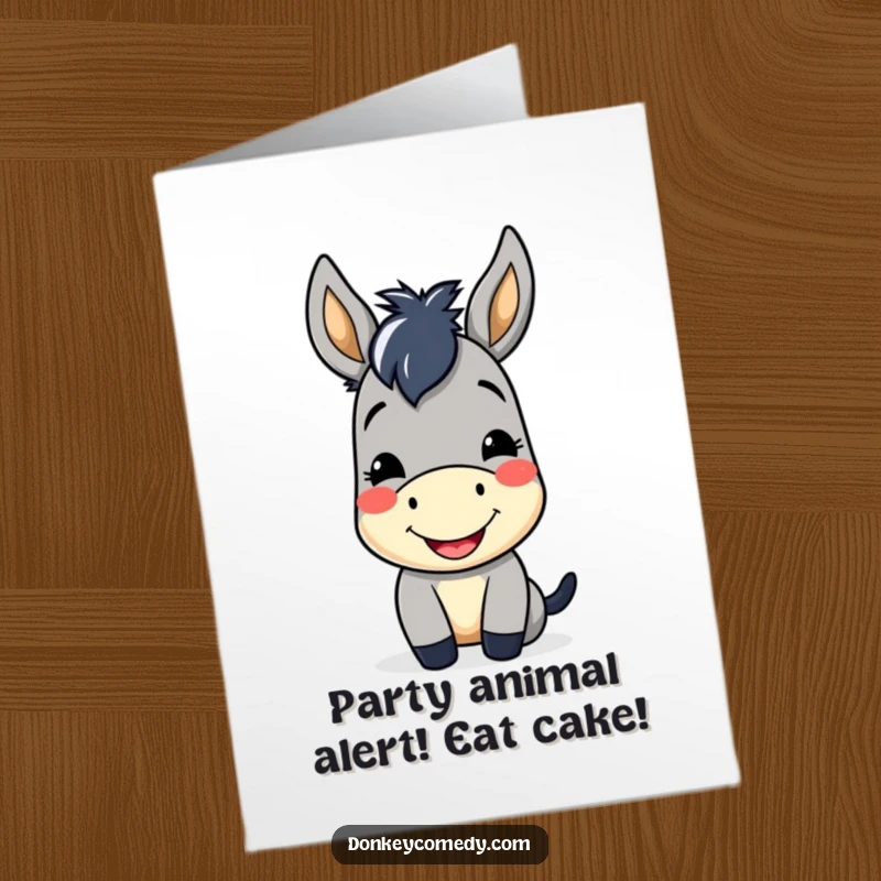 Funny free printable birthday card featuring a cute kawaii donkey with a big smile and a friendly nod, ready to party.