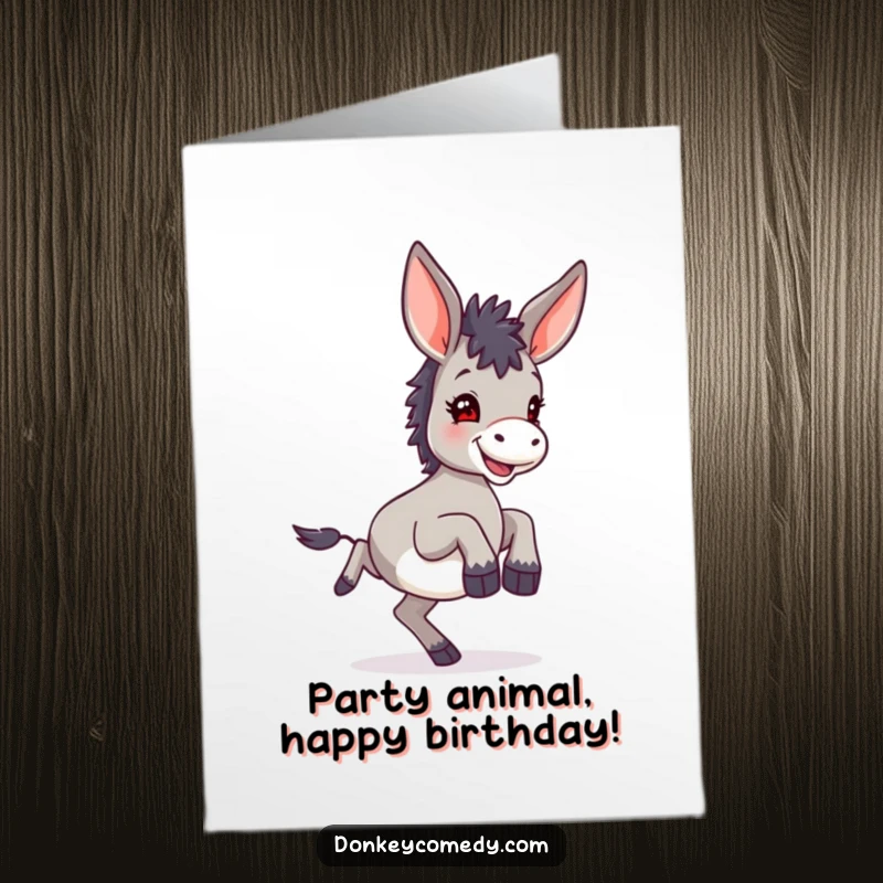 Funny Free Printable Birthday Card: A small donkey with large ears joyfully kicking its hind legs in celebration, perfect for a laugh.