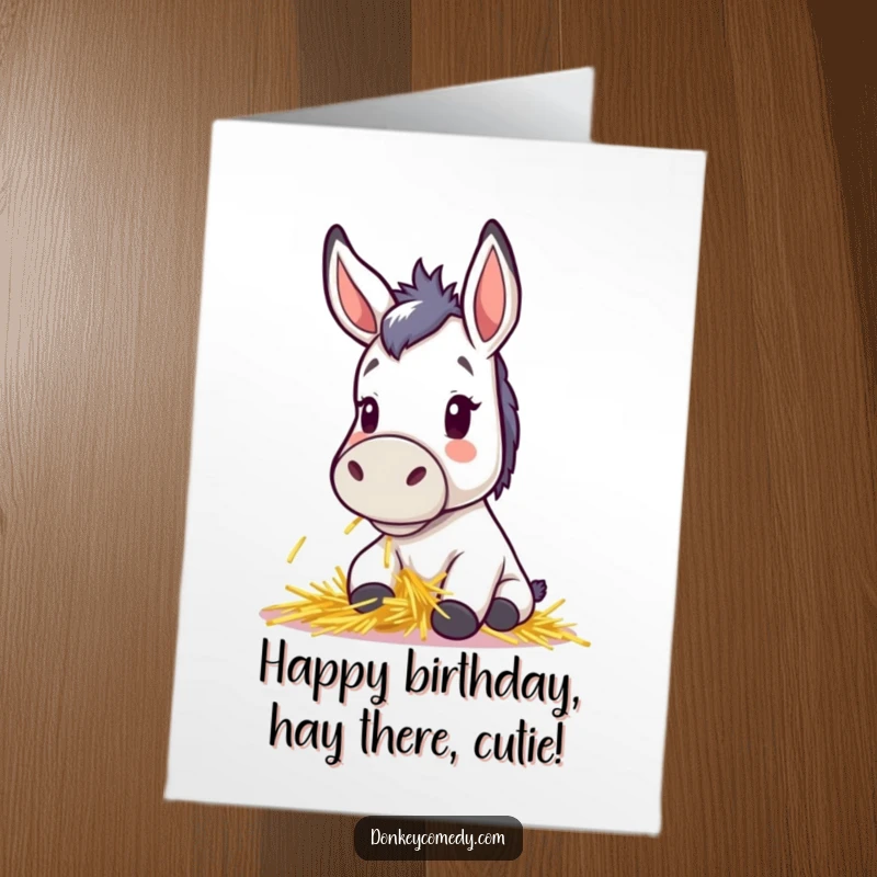 Funny Free Printable Birthday Card: Cute kawaii donkey with perky ears, happily munching hay, perfect for a sweet birthday.