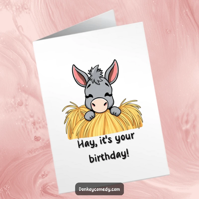 Funny Free Printable Donkey Birthday Card, a donkey with a playful wink peeking from behind a haystack, sending cheer.