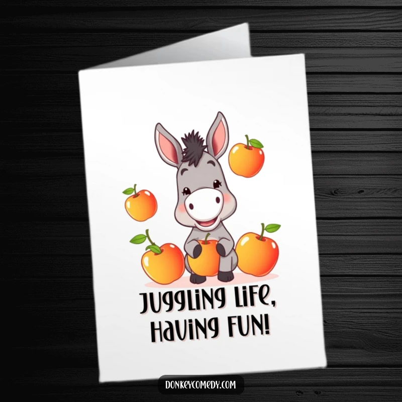 Funny Free Printable Donkey Birthday Card, a mischievous donkey with a grin juggling three juicy apples, celebrating joyfully.