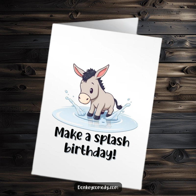 Funny Free Printable Birthday Card: A donkey joyfully splashes in a shallow puddle, celebrating with glee.
