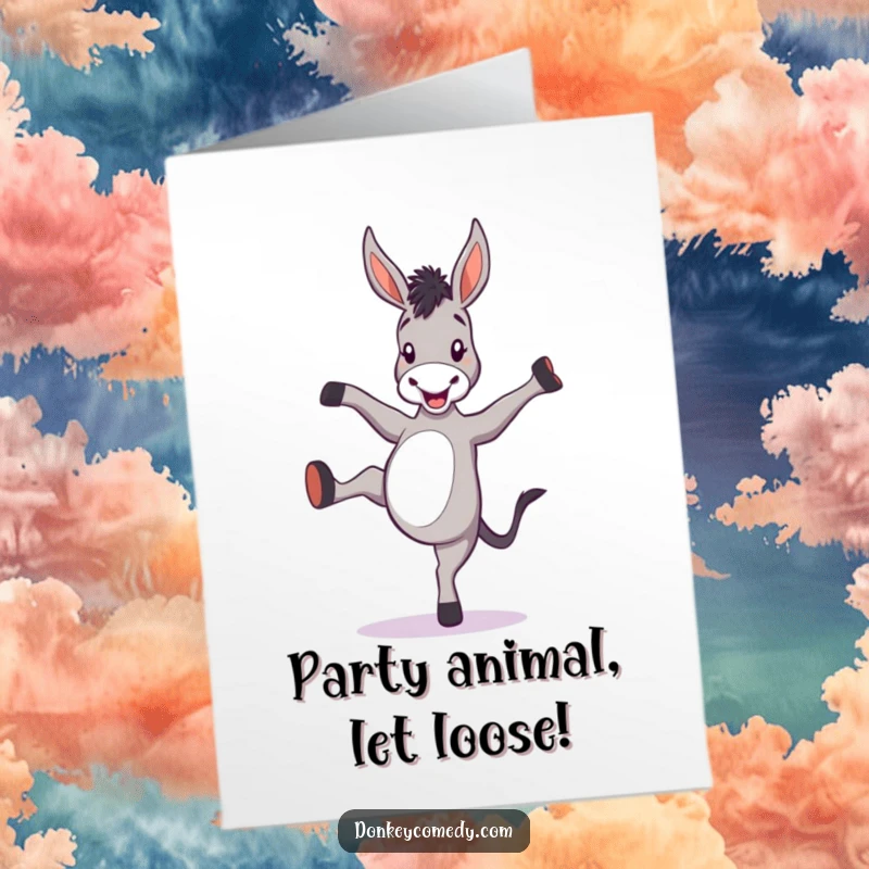 Funny free printable birthday card with a cartoon donkey kicking its heels up in pure celebration.