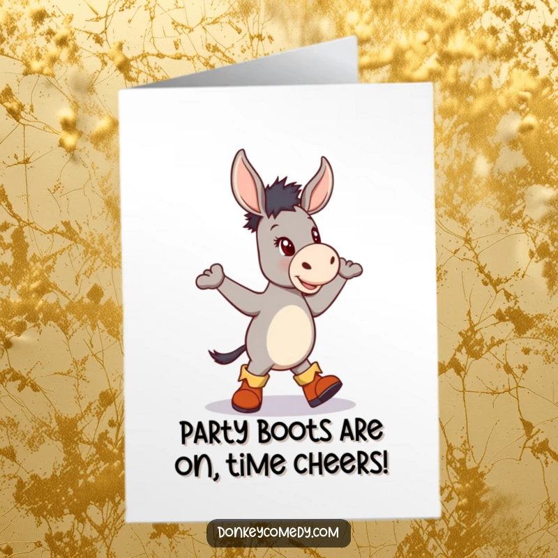 Funny free printable birthday card featuring a donkey wearing tiny boots and dancing a jig, spreading cheer and merriment.