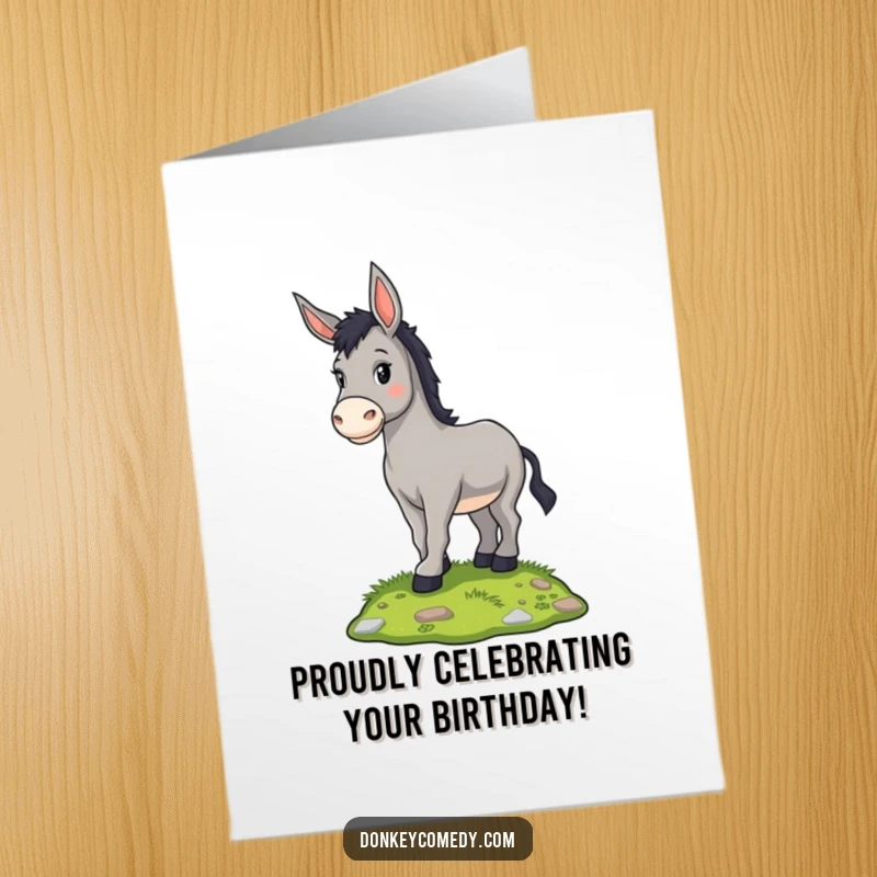 Funny Free Printable Birthday Card: A proud donkey stands tall on a grassy mound, exuding confidence and birthday cheer.
