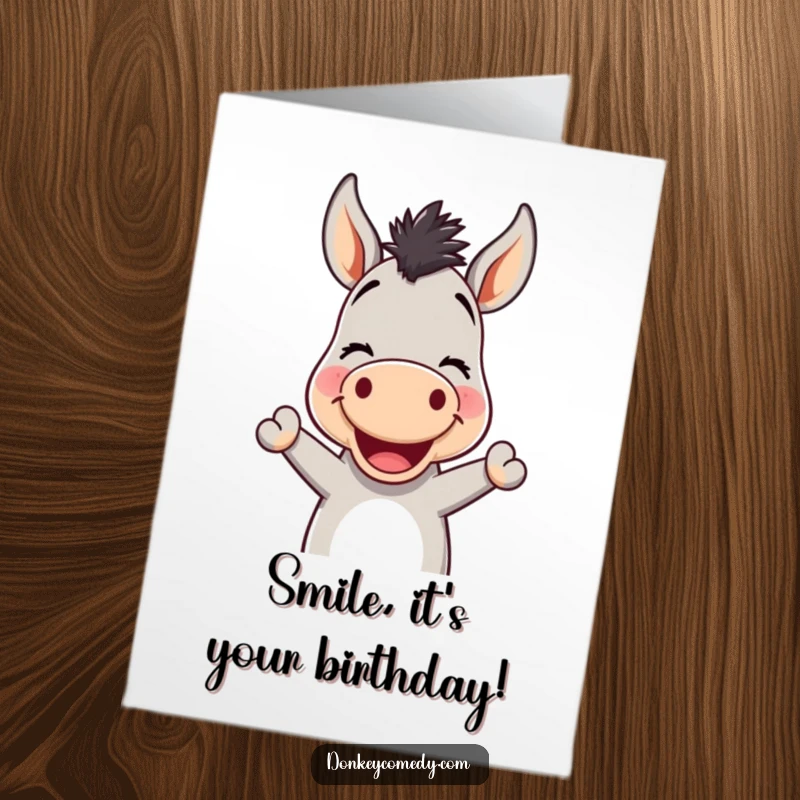 Funny free printable donkey birthday card featuring a kawaii donkey with a cheerful smile and a friendly nod.