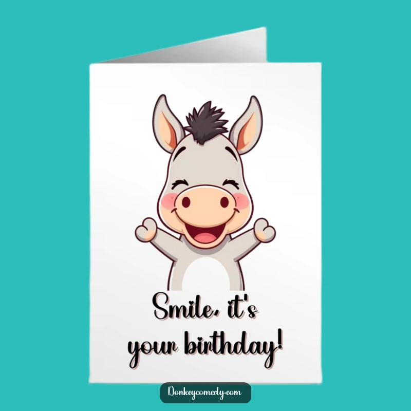Free Printable Funny Donkey Birthday Card - Smiling Kawaii Donkey Downloadable Gift