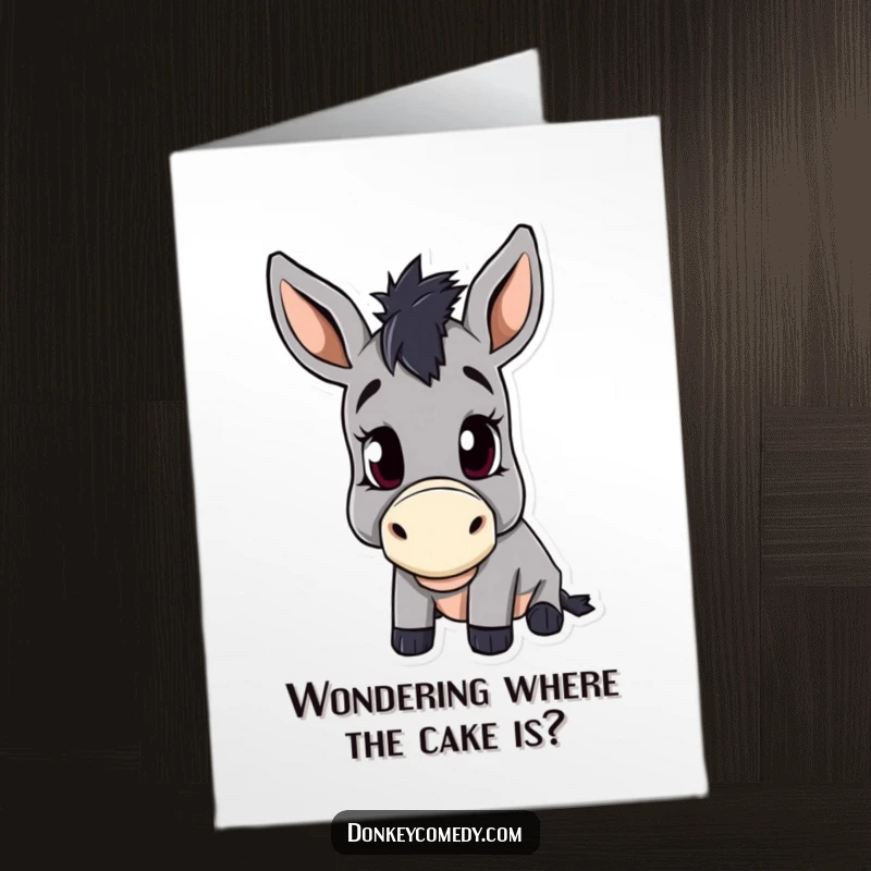 Funny free printable birthday card featuring a donkey with a curious head tilt, inviting smiles and laughter.
