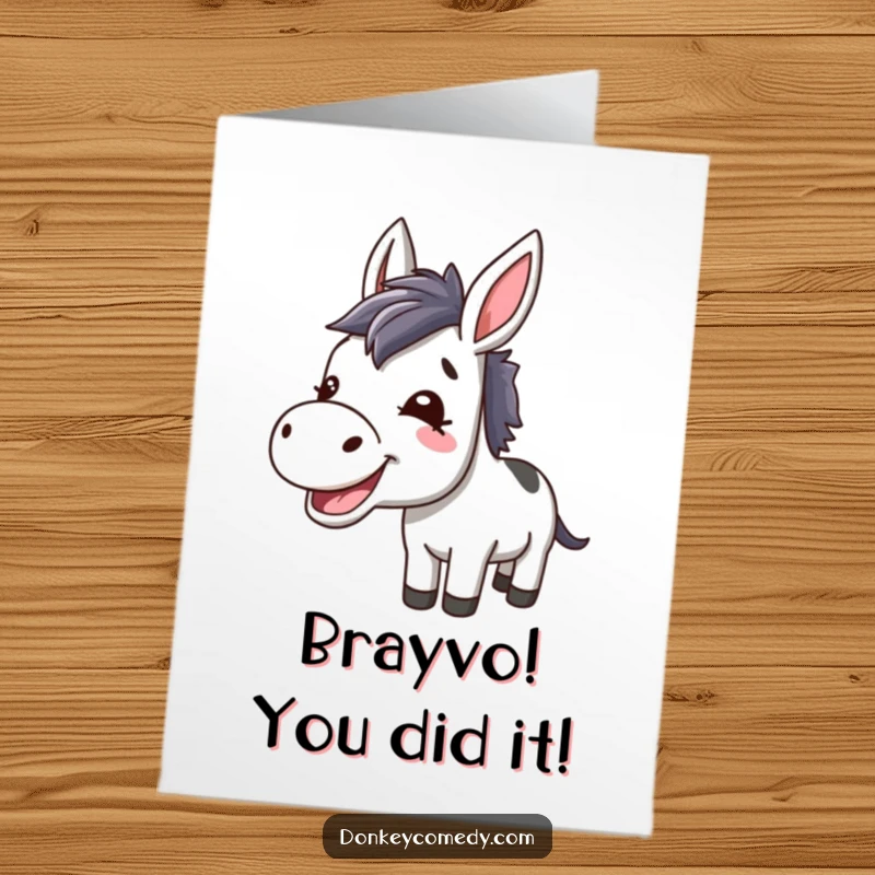 Funny free printable donkey congratulations card with a kawaii donkey braying happily, ears up in celebration.