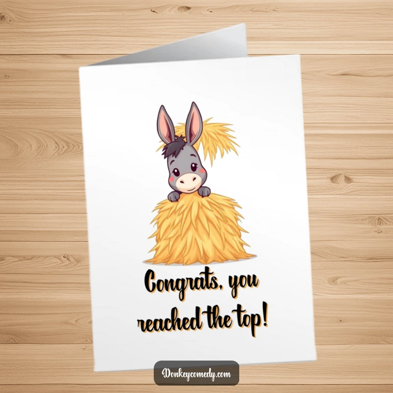 Funny Free Printable Congrats Card: Donkey peeking over a huge hay stack, celebrating your success from afar.