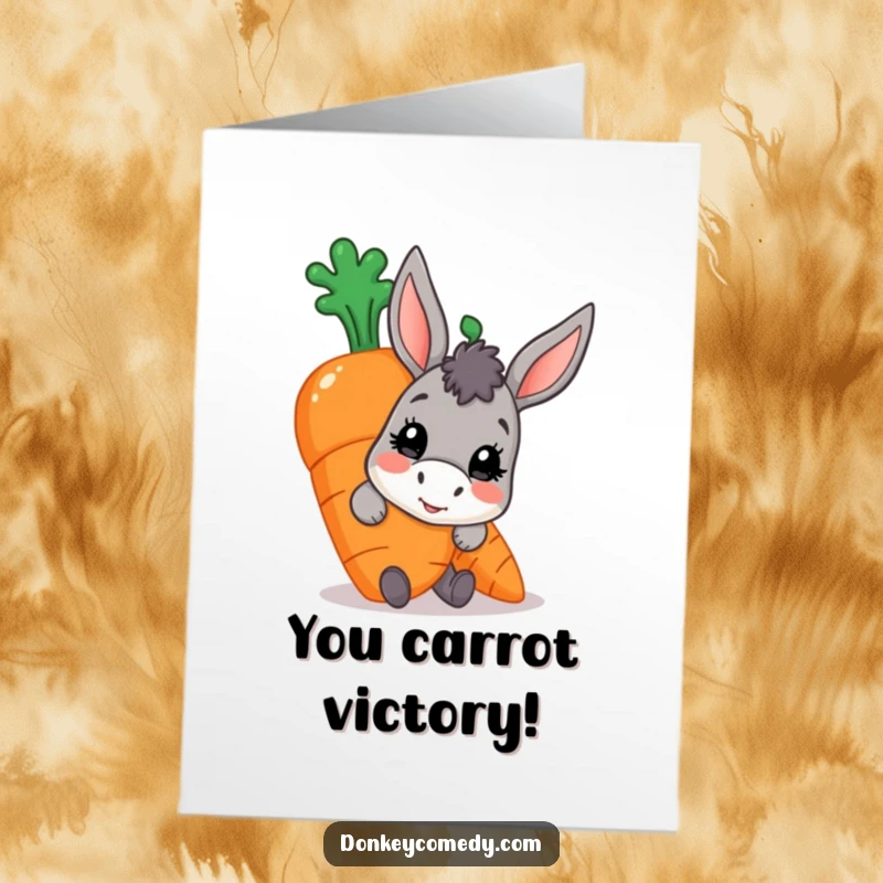 Funny Free Printable Congrats Card: Donkey hiding behind a large carrot, peeking out to offer congratulations, a downloadable chuckle.