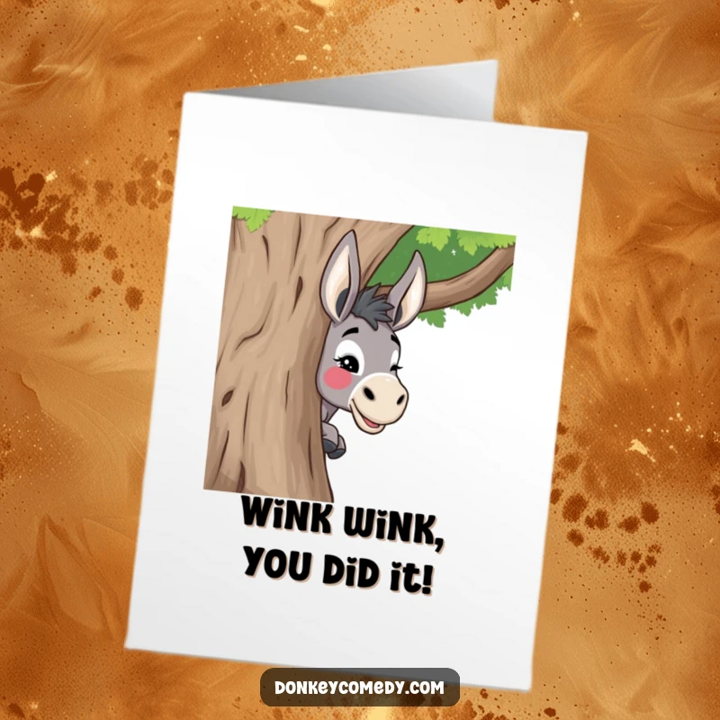 Funny Free Printable Congratulations Card: A donkey peeking around a tree, giving a playful, knowing wink.