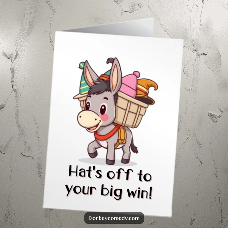 Funny Free Printable Congrats Card: A happy donkey joyfully carries a huge pile of funny hats, celebrating success.