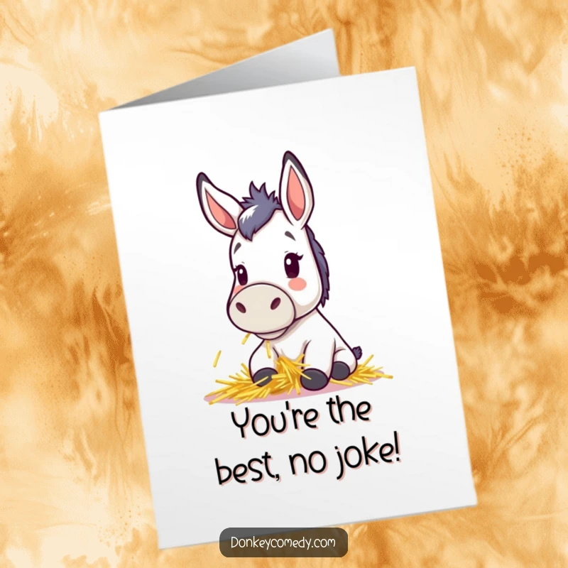 Funny Free Printable Congratulations Card: Kawaii donkey with perky ears, contentedly eating hay, celebrating a success, ideal for DIY congrats.