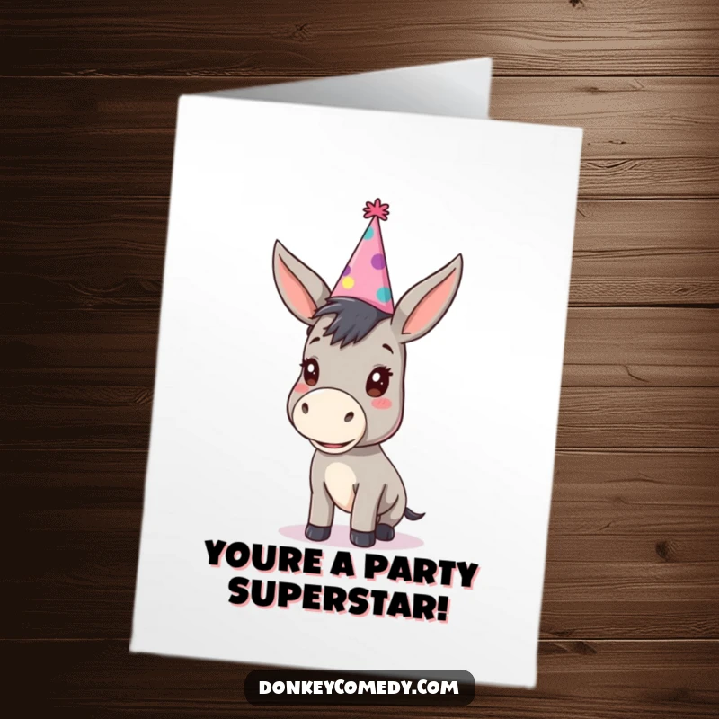 Funny free printable congratulations card: A kawaii donkey wears a comically large party hat, celebrating a fantastic achievement with glee.