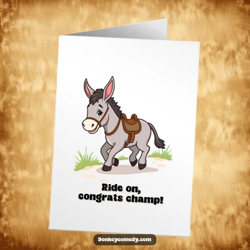Funny Free Printable Congratulations Card: A donkey in a saddle trotting joyfully, symbolizing a happy journey ahead.