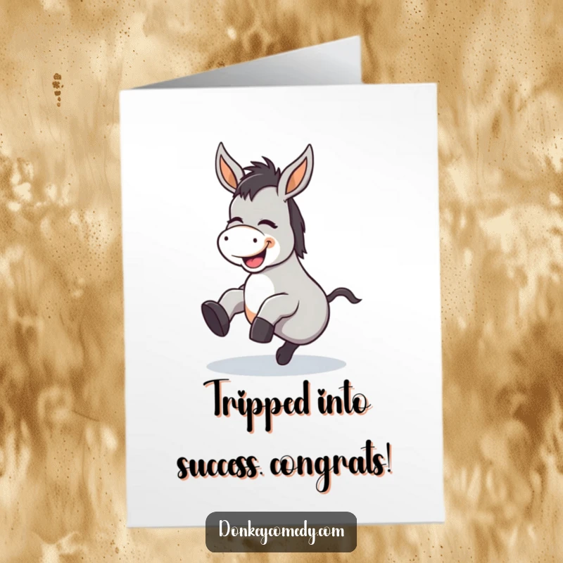Funny free printable donkey congratulations card showing a kawaii donkey tripping humorously while giggling.