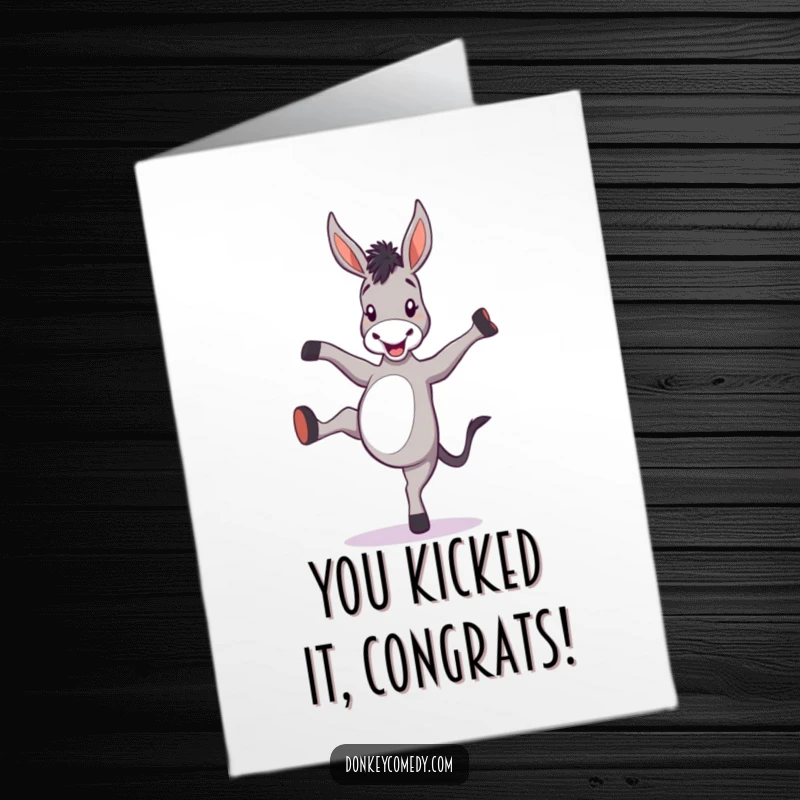 Funny free printable congratulations card featuring a joyful donkey kicking its heels high in excitement.