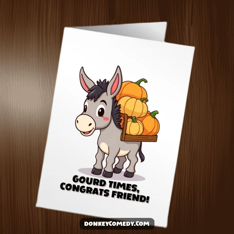 Funny Free Printable Congratulations Card: A donkey with a determined look carrying a load of colorful pumpkins, celebrating hard work.