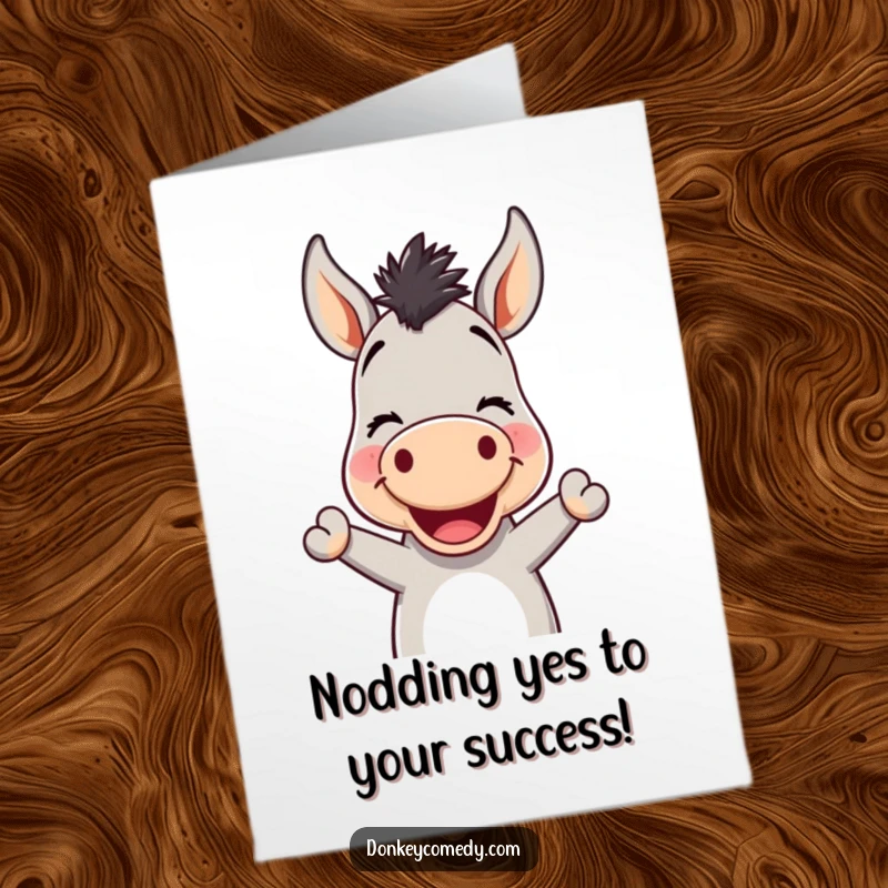 Funny free printable donkey congratulations card with a kawaii donkey offering a cheerful smile and a friendly nod.