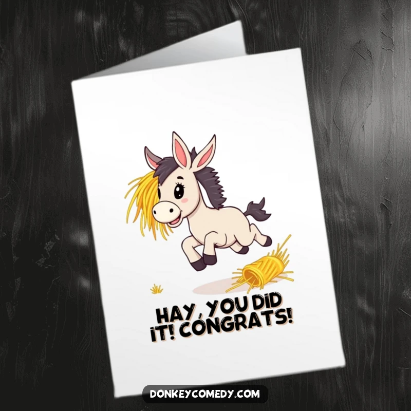 Funny Free Printable Congratulations Card: A lively donkey bounding with delight after rolling hay, celebrating a win with downloadable art.