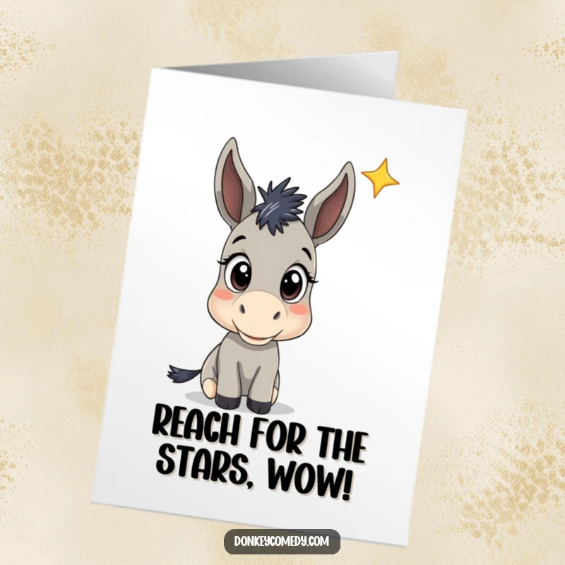 Funny Free Printable Congratulations Card: A donkey with wide eyes looking curiously at a distant star, signifying goals.