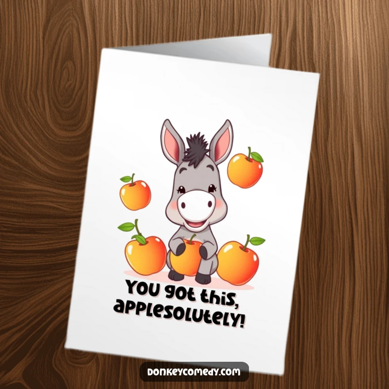 Funny Free Printable Donkey Congratulations Card, a mischievous donkey with a grin juggling three juicy apples, celebrating success.
