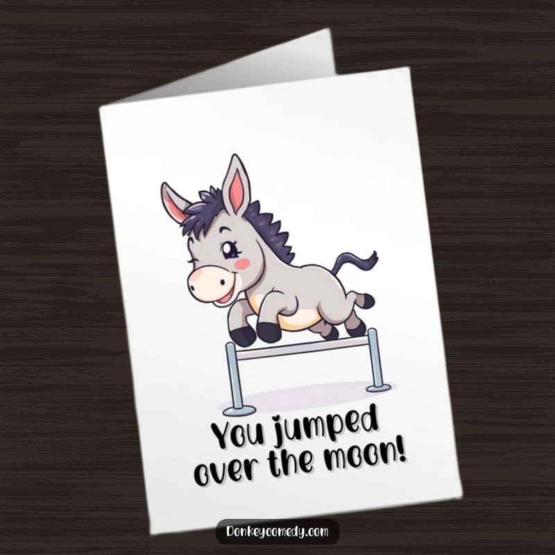 Funny free printable congratulations card showing a donkey happily clearing a hurdle, representing success and achievement.