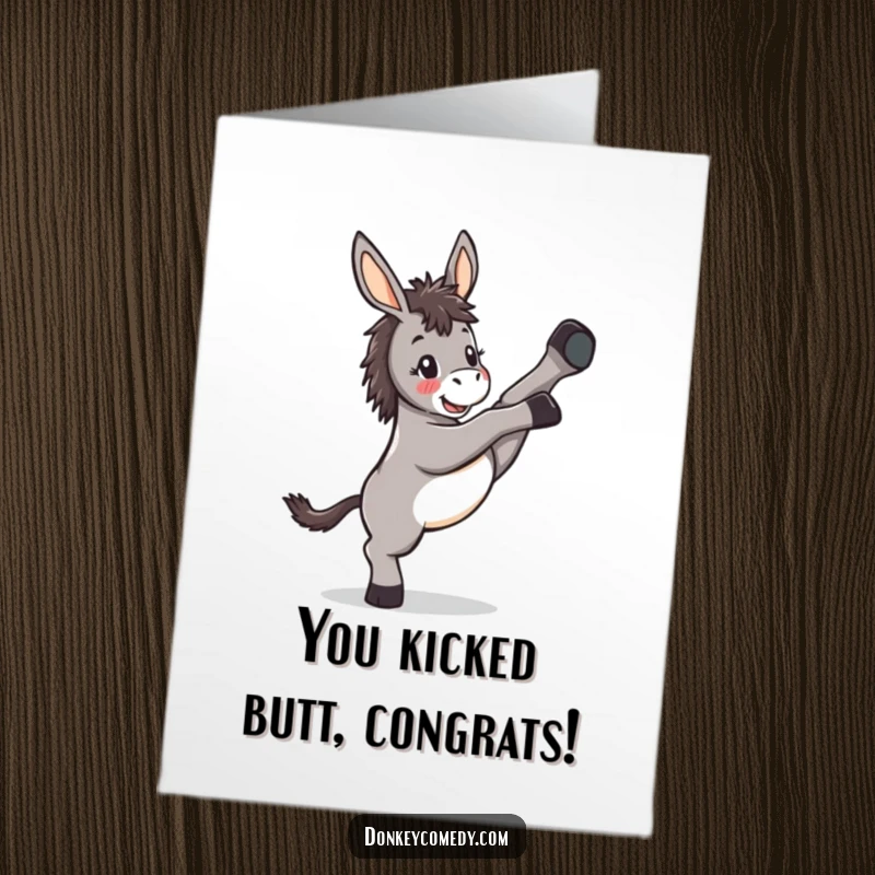 Funny free printable donkey congratulations card showing a kawaii donkey kicking its legs in playful celebration.